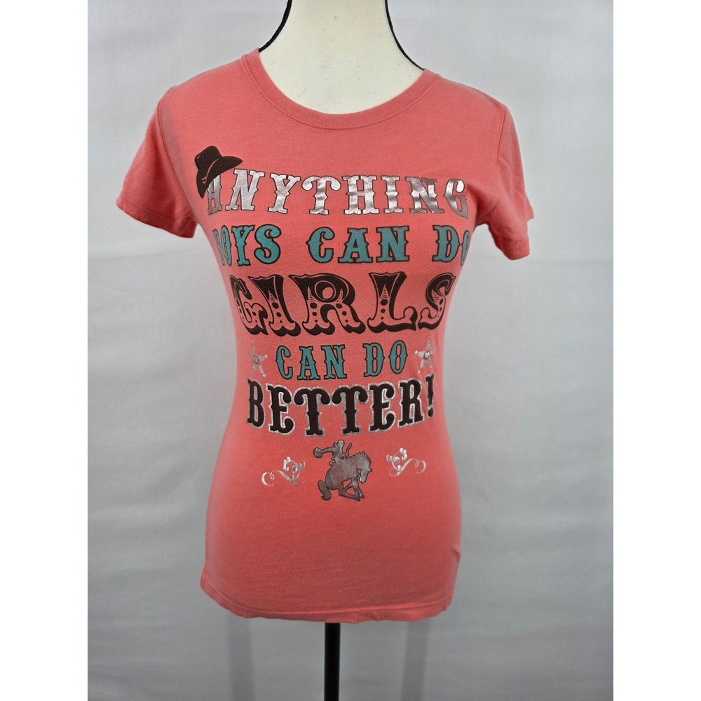 Wrangler Womens Graphic T-Shirt Coral Pink Western Anything Boys Can Do Better M